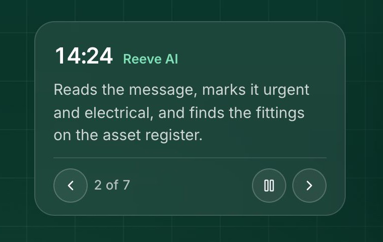 The platform demo's caption card: the time, what Reeve AI did, and back, pause and forward buttons.