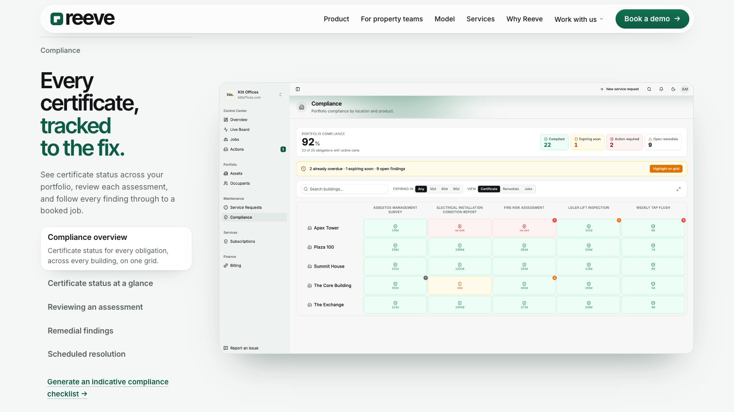 The reeve.fm compliance section at 1512 by 850: the heading, the list of views and a smaller app screenshot all fit under the nav.
