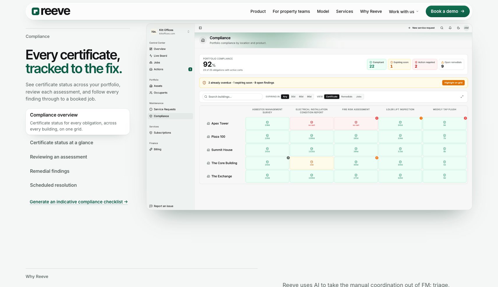 The reeve.fm compliance section at 1710 by 985: the heading, the list of views and the app screenshot all fit under the nav.
